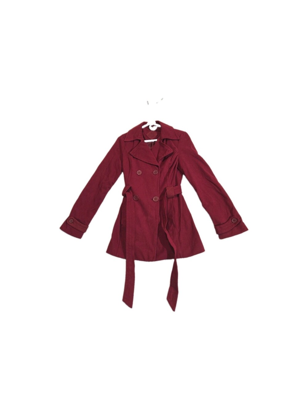 joujou Women's Pea Coat Double Button Belted Red Burgundy Lined Workwear Casual